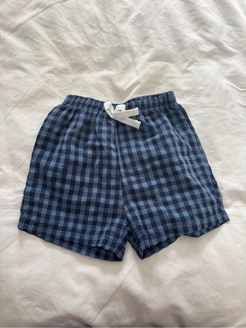 Kids Blue Plaid Pull-On Shorts with White Drawstring
